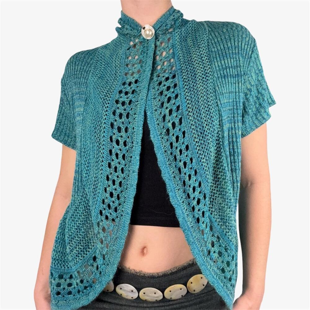 Blue knitted bolero cardigan shrug short sleeve sweater green teal blue - small